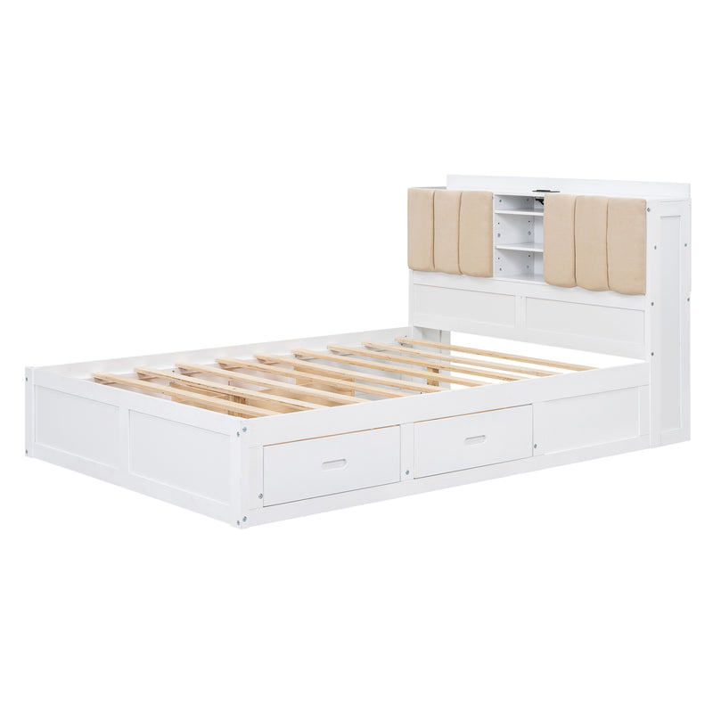 Wood Full Size Platform Bed with Storage Headboard and 4 Drawers, White