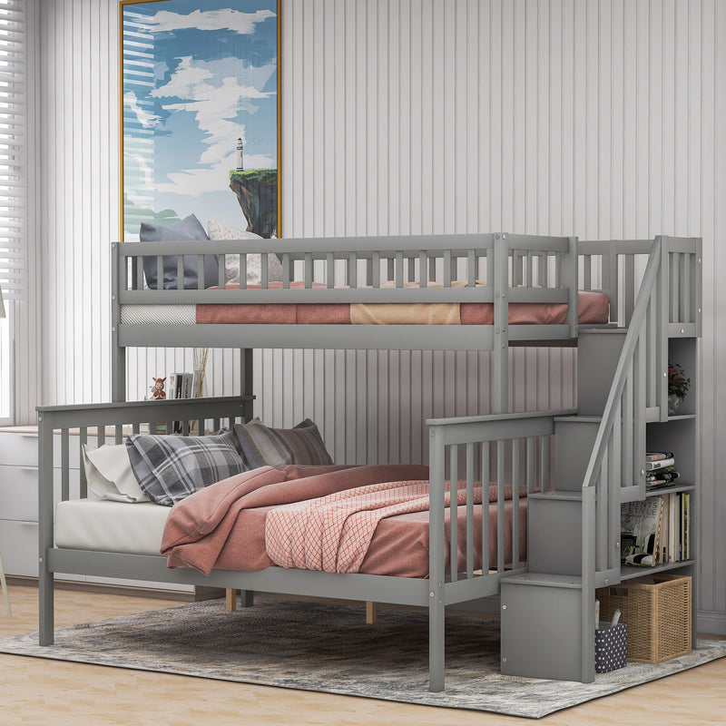 Twin over Full Stairway Bunk Bed with Storage, Gray