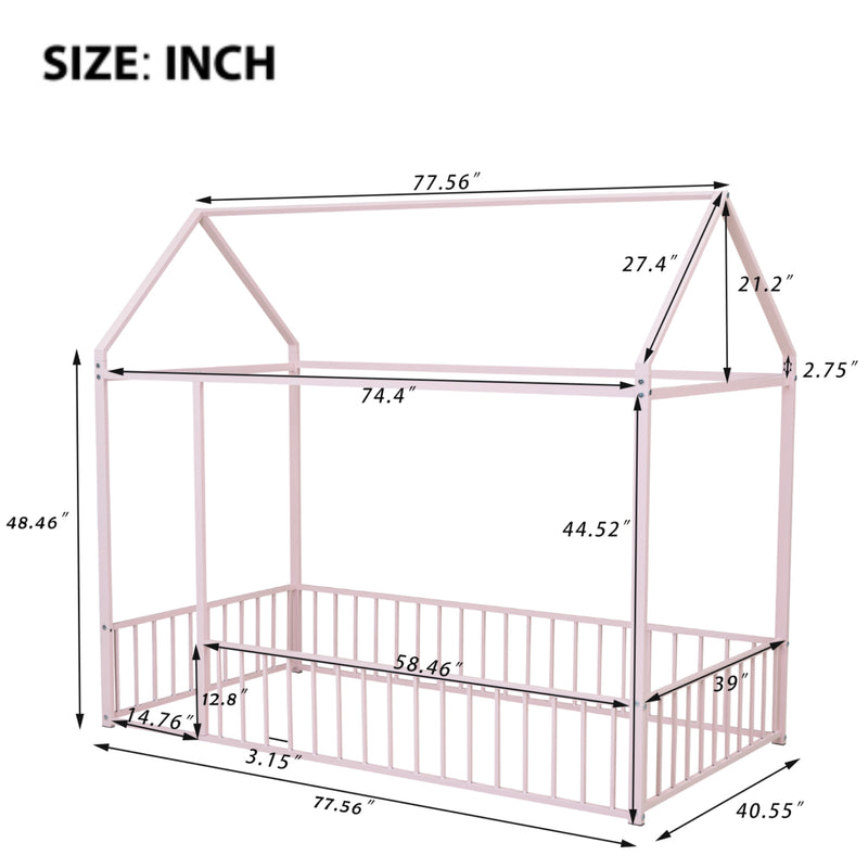 Twin Size Metal Bed House Bed Frame with Fence, for Kids, Teens, Girls, Boys, Pink