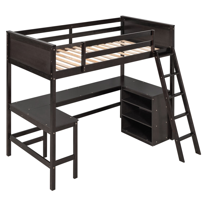 Twin size Loft Bed with Shelves and Desk, Wooden Loft Bed with Desk - Espresso(OLD SKU:LT000537AAP)