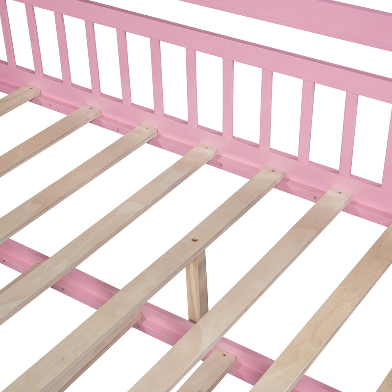 Wooden Full Size House Bed with Twin Size Trundle,Kids Bed with Shelf, Pink