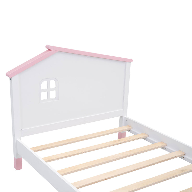 Twin Size Wood Platform Bed with House-shaped Headboard  (White+Pink)