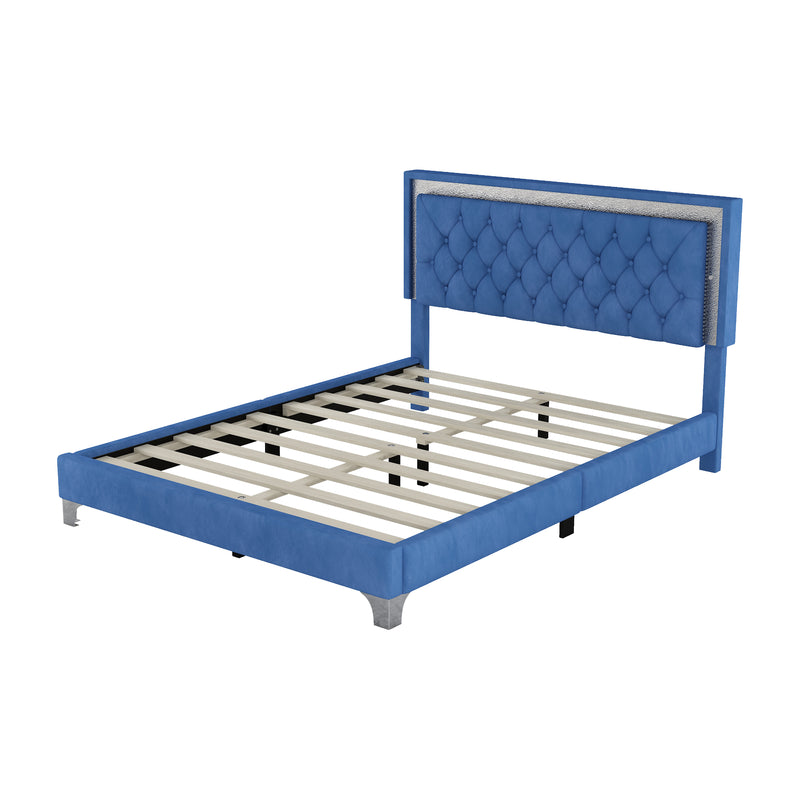 Queen Size Upholstered Bed Frame with LED Lights,Modern Velvet Platform Bed with Tufted Headboard,Blue