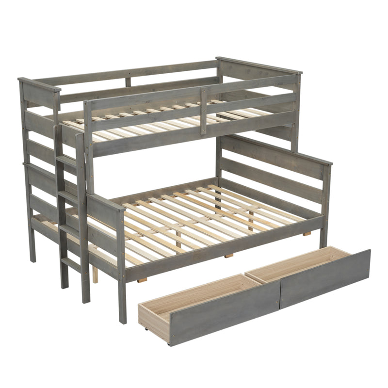 Wood Twin over Full Bunk Bed with 2 Drawers, Gray