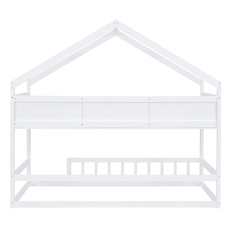 Wooden Twin Size House Bed with Storage Shelf,Kids Bed with Fence and Roof, White