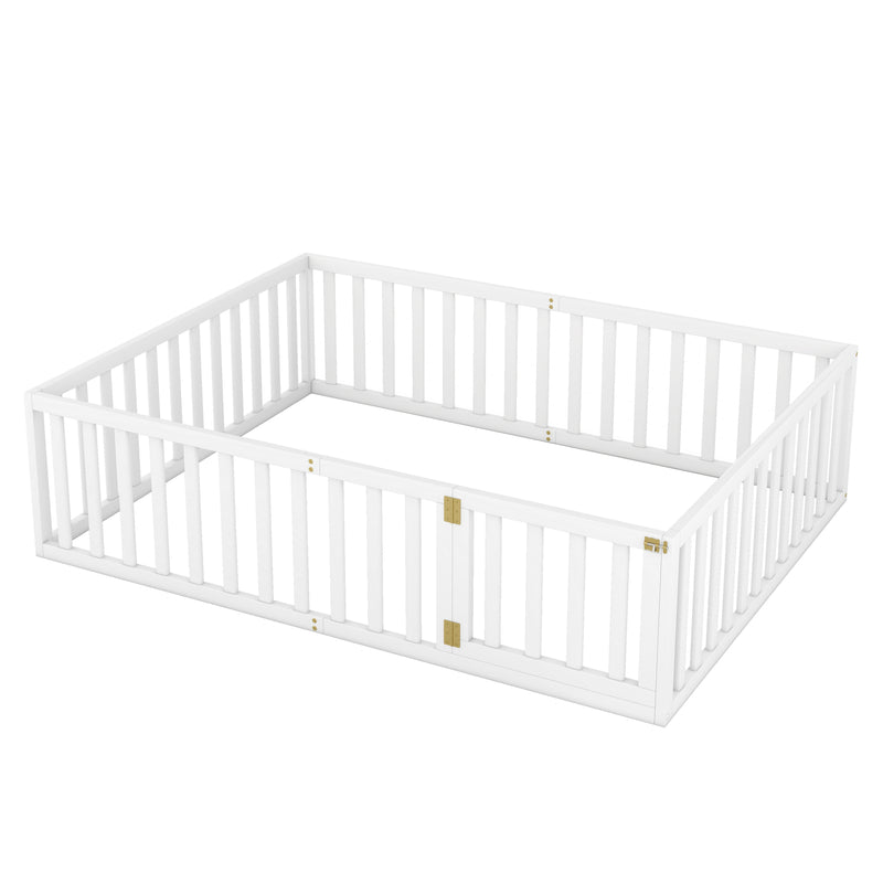 Queen  Size Wood Floor Bed Frame with Fence and Door, White(OLD SKU:WF289663AAK)