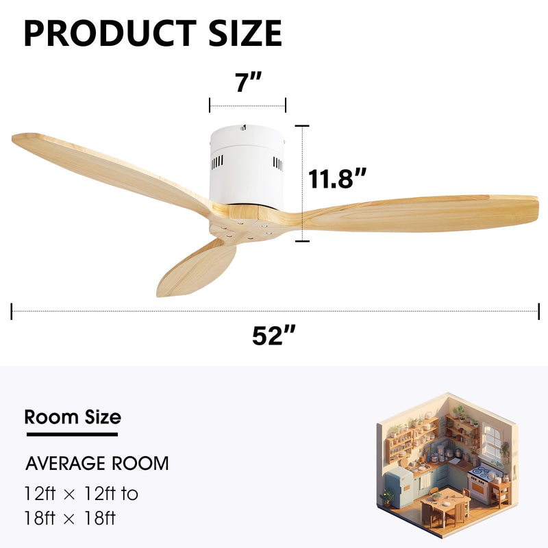 Decorative Solid Wood Ceiling Fan Without Light 6 Speed Remote Control Reversible Dc Motor For Home - Light Brown / White