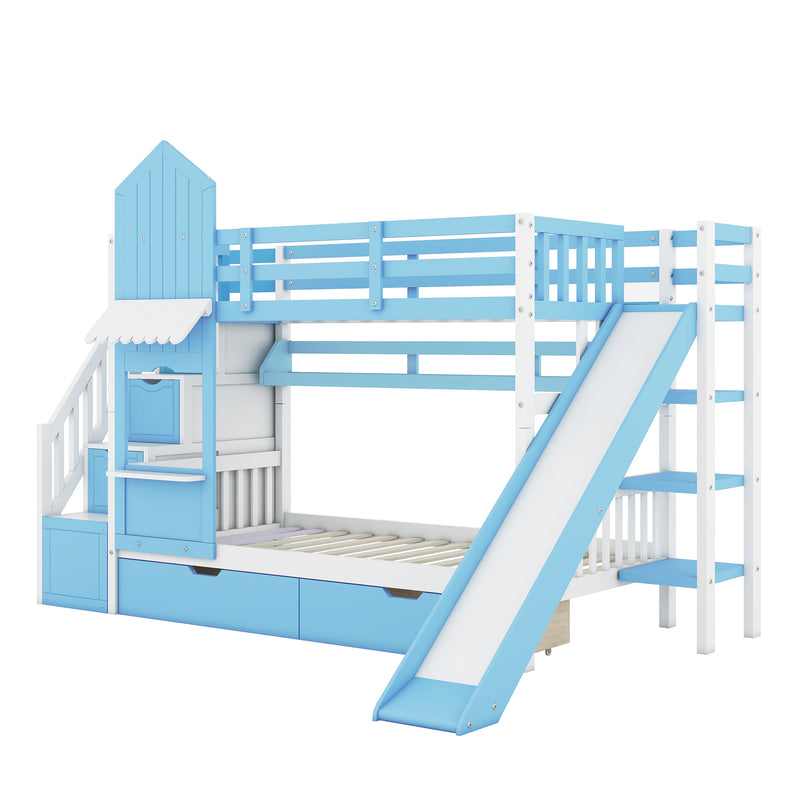 Twin-Over-Twin Castle Style Bunk Bed with 2 Drawers 3 Shelves and Slide - Blue