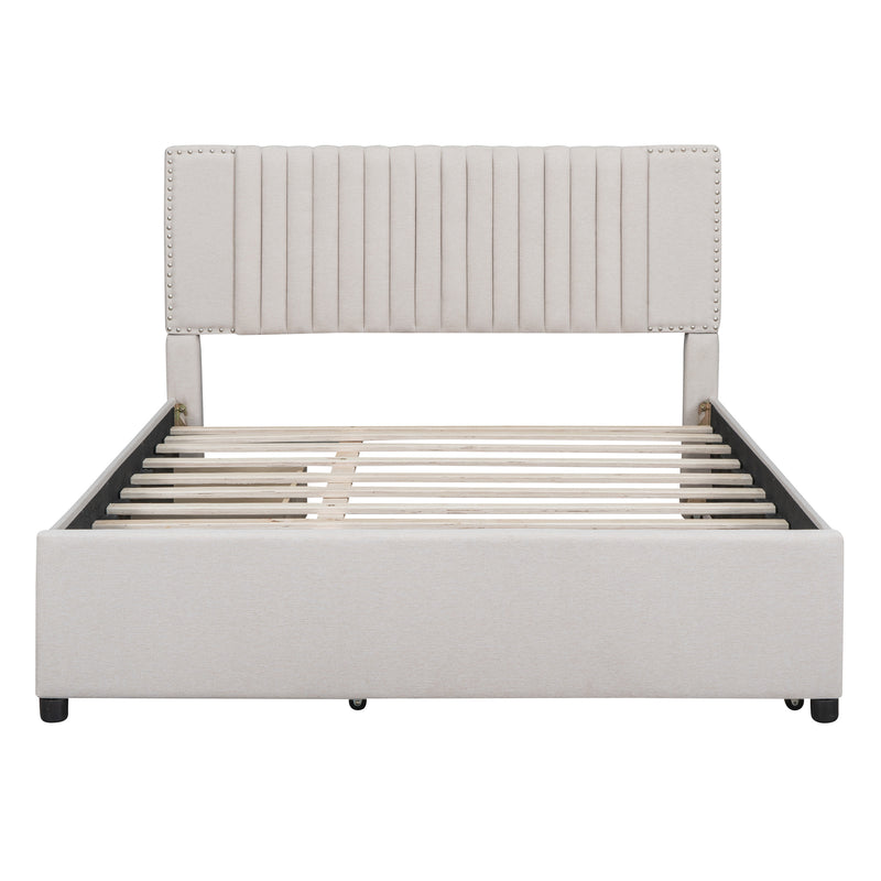 Queen Size Upholstered Platform Bed with 2 Drawers and 1 Twin XL Trundle, Classic Headboard Design, Beige