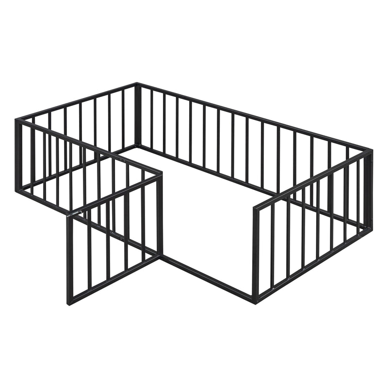 Metal Floor Bed Frame With Fence And Door - Black