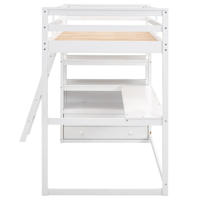 Twin Size Loft Bed with Desk and Shelves, Two Built-in Drawers, White(Old SKU: GX000423AAK)