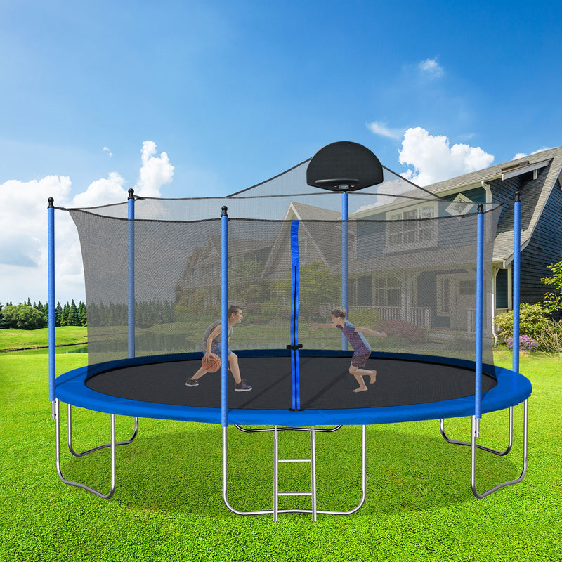 14Ft Trampoline For Adults & Kids With Basketball Hoop, Outdoor Trampolines With Ladder And Safety Enclosure Net For Kids And Adults - Blue