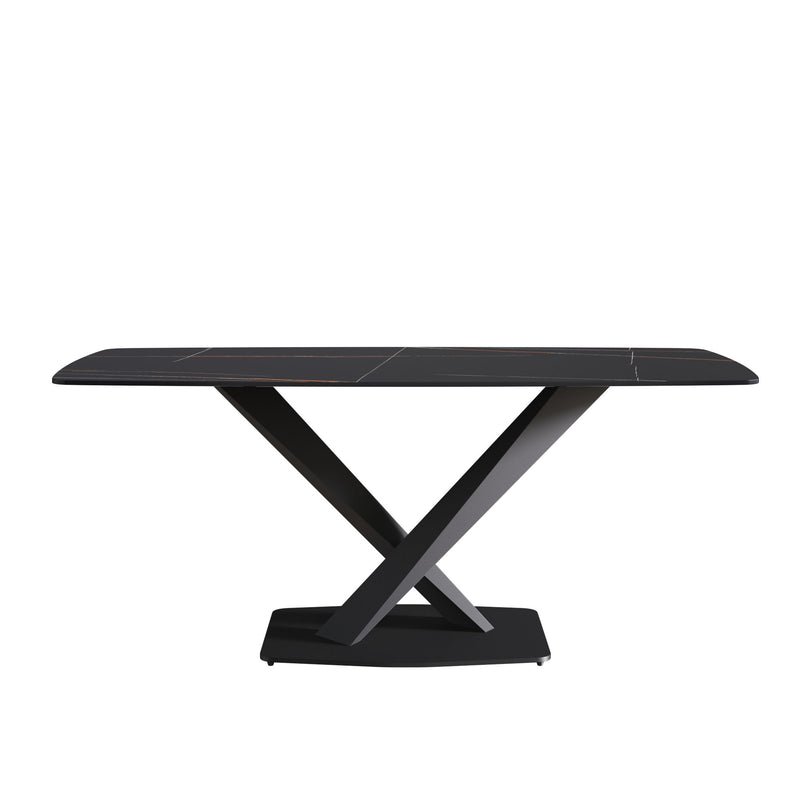 70.87" Modern Artificial Stone Black Curved Black Metal Leg Dining Table, Can Accommodate 6-8 People - Black