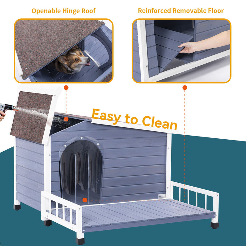 Large Wooden Dog House Indoor Outdoor With Terrace And Open Waterproof Asphalt Roof, Outdoor Dog House With Raised Floor, Windows And Door Curtains, Suitable For Small And Medium Dogs - Gray