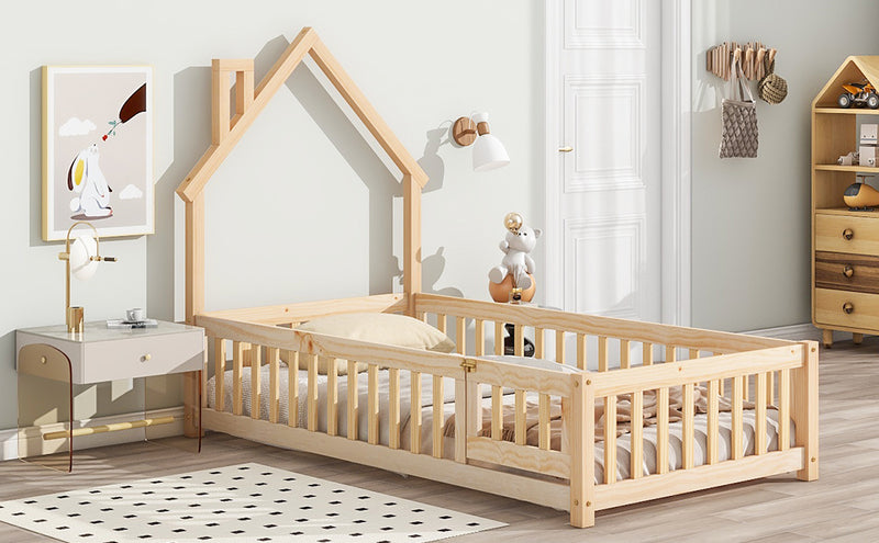 Twin House-Shaped Headboard Floor Bed with Fence
,Natural