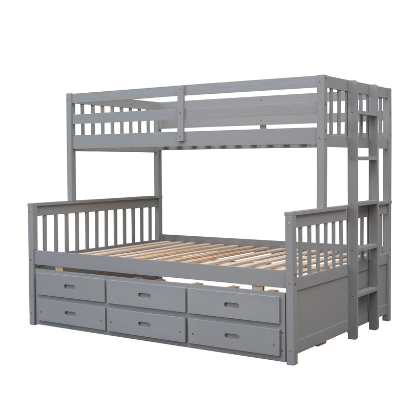 Twin-Over-Full Bunk Bed with Twin size Trundle , Separable Bunk Bed with Drawers for Bedroom - Gray