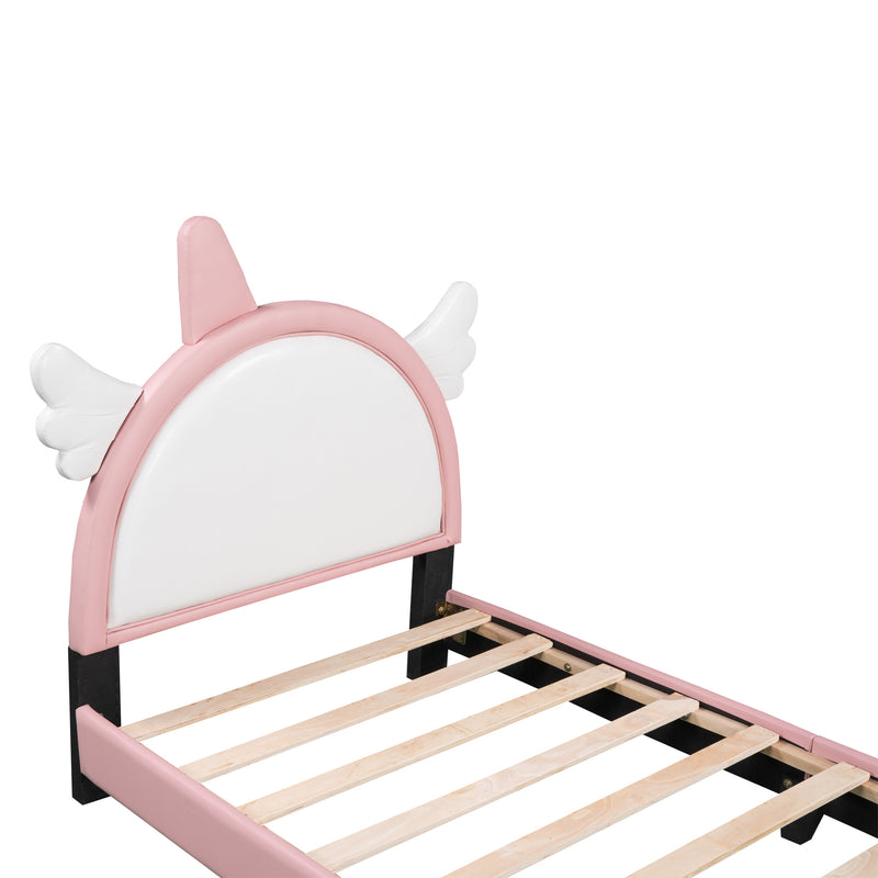 Cute Twin size Upholstered Bed With Unicorn Shape Headboard,Twin Size Platform Bed with Headboard and Footboard,White+Pink