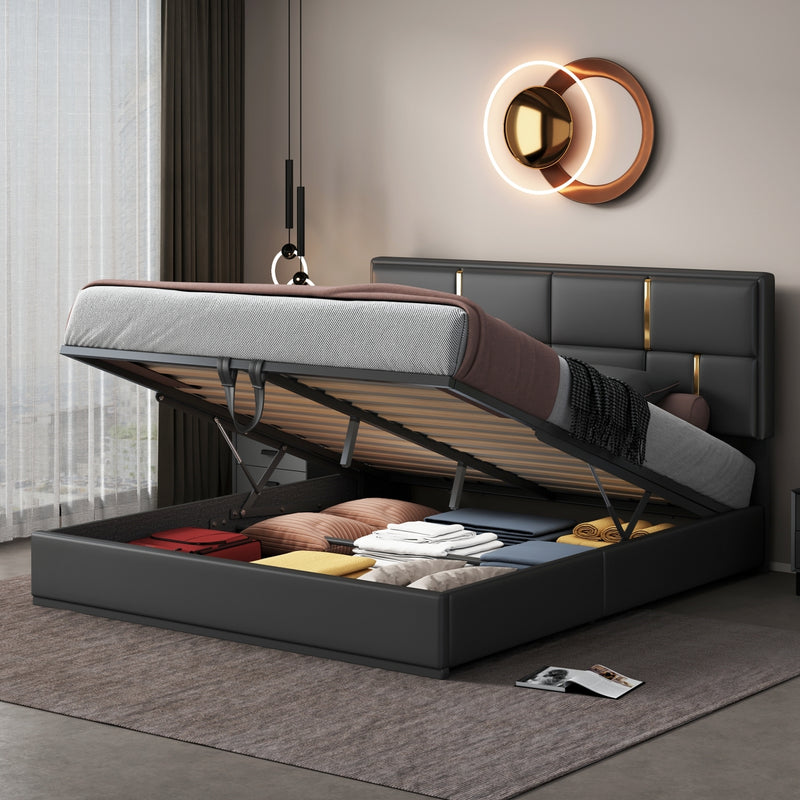 Queen Size Upholstered Platform Bed with Hydraulic Storage System,No Box Spring Needed,Black