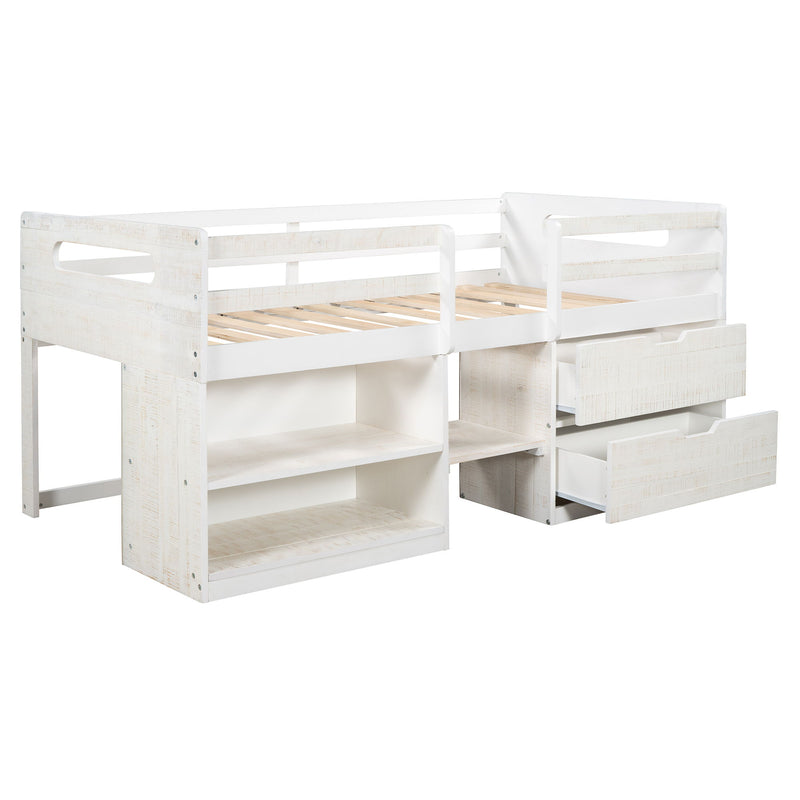 Twin Size Loft Bed With Two Shelves And Two Drawers