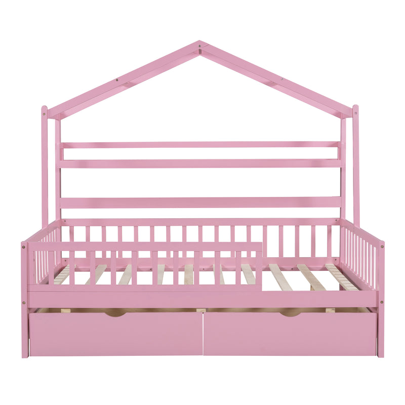 Wooden Full Size House Bed with 2 Drawers,Kids Bed with Storage Shelf, Pink