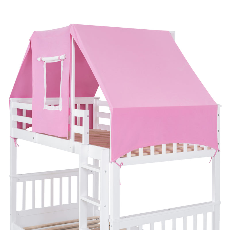 Twin Over Twin Bunk Bed Wood Bed with Tent and Drawers, White+Pink Tent