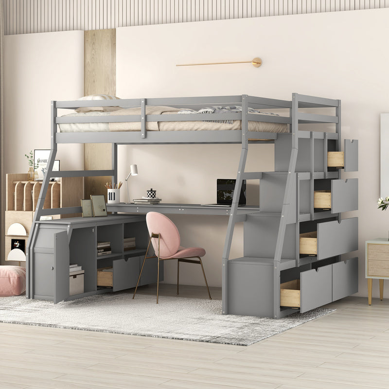 Twin Size Loft Bed with 7 Drawers 2 Shelves and Desk - Gray