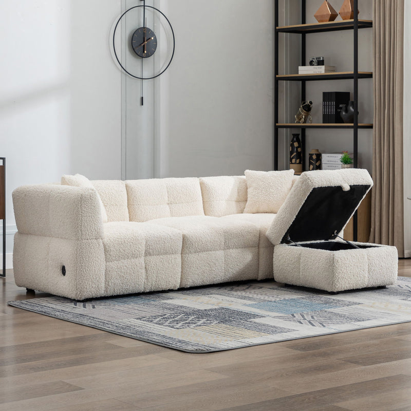 Sectional Sofa Cozy Teddy Fleece Sectional Sofa Couch With Two USB Ports A Movable Storage Ottoman And Two Lumbar Pillows For Living Room