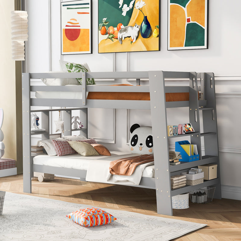 Twin over Twin Bunk Bed with Shelves and Built-in Ladder, Gray