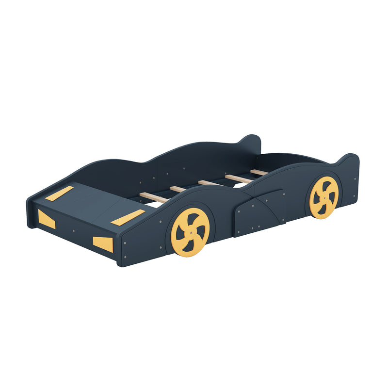 Twin Size Race Car-Shaped Platform Bed with Wheels and Storage, Dark Blue+Yellow