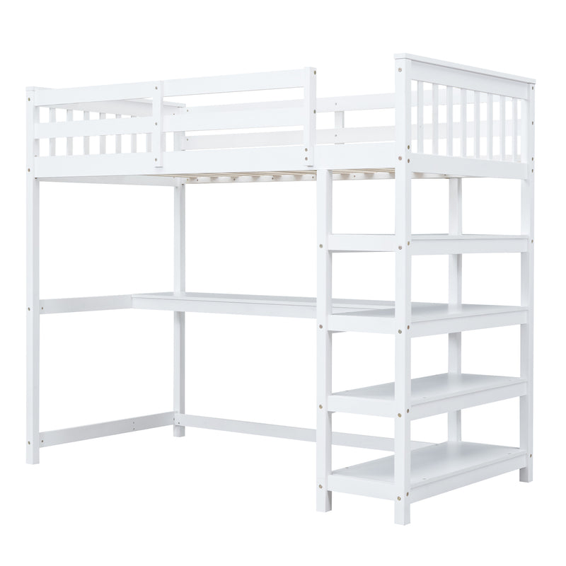 Twin Size Loft Bed with Storage Shelves and Under-bed Desk, White