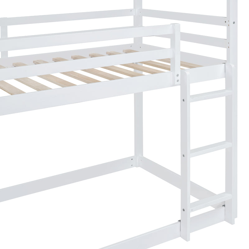 Twin Over Twin Bunk Bed with Roof, Slide and Ladder, White