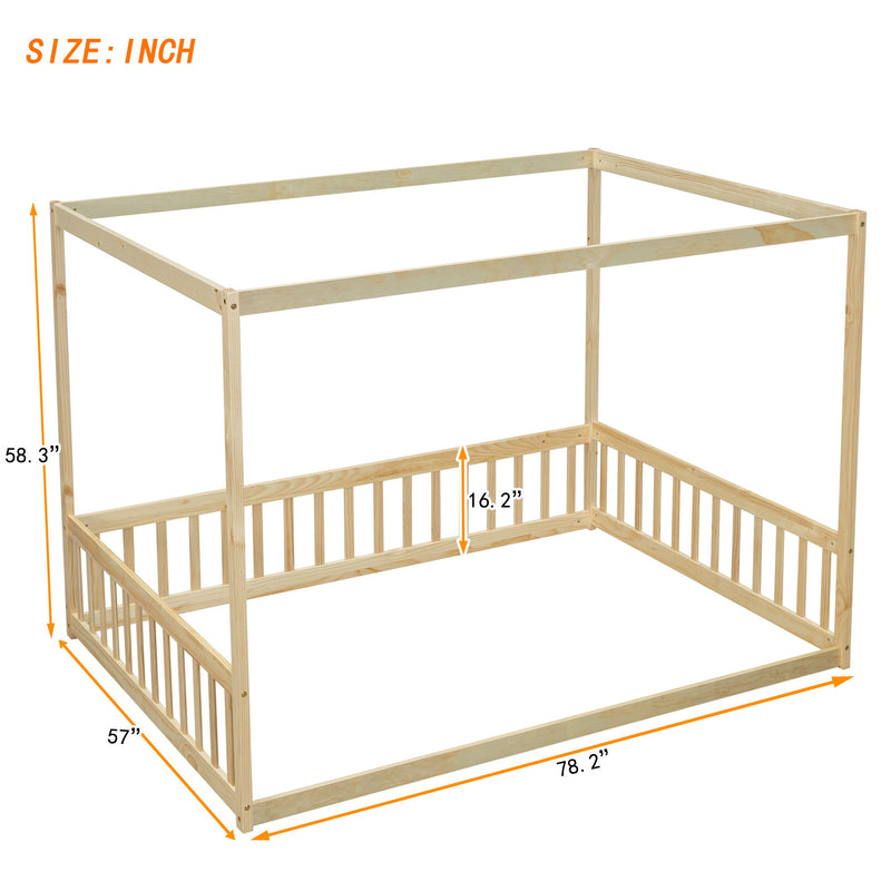 Canopy Frame Floor Bed With Fence, Guardrails