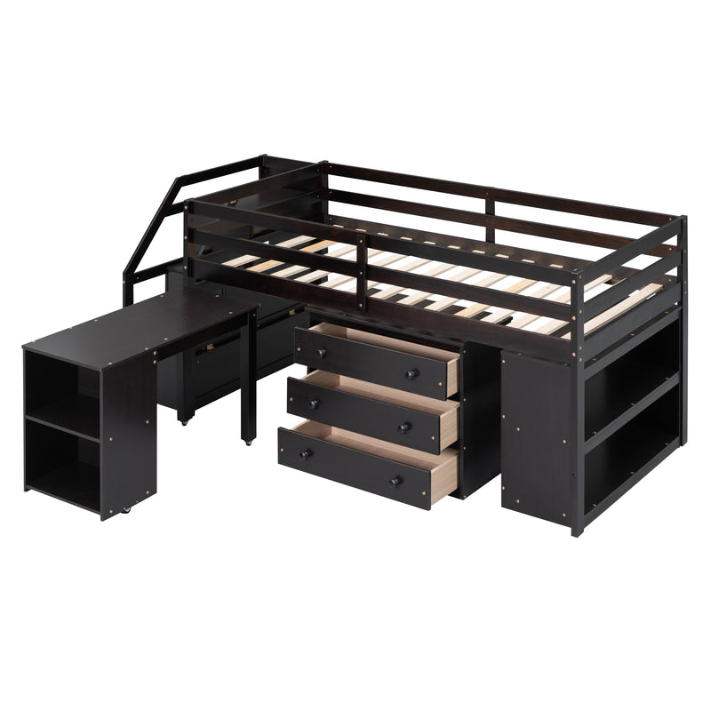 Twin Size Loft Bed with Retractable Writing Desk and 3 Drawers, Wooden Loft Bed with Storage Stairs and Shelves, Espresso