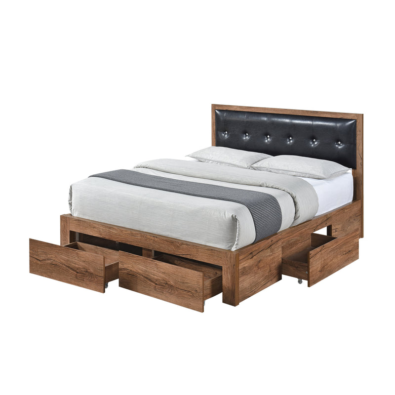 Queen Size Wood Platform Bed with Upholstered Headboard and 4 Drawers