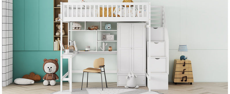 Full Size Loft Bed With Bookshelf, Drawers, Desk, And Wardrobe