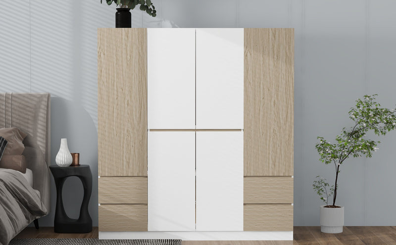 6 Doors Wardrobe Storage For Bedroom, With 4 Drawers - White / Nature