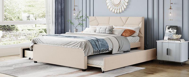 Queen Size Upholstered Platform Bed with Brick Pattern Headboard, with Twin XL Size Trundle and 2 drawers, Linen Fabric, Beige