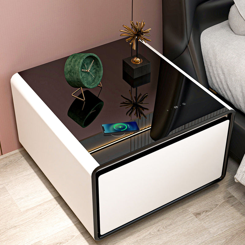 Modern Smart Side Table With Built-In Fridge, Wireless Charging, Temperature Control, Power Socket, USB Ports, Outlet Protection, Induction Light