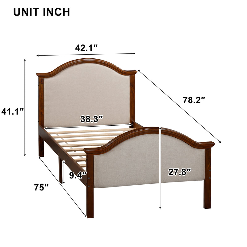 Twin Bed with Upholstered Headboard and Footboard, with Slats,Walnut