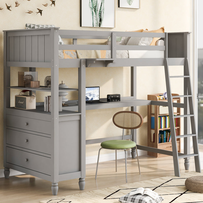 Twin size Loft Bed with Drawers and Desk, Wooden Loft Bed with Shelves - Gray(OLD SKU: LT001530AAE)