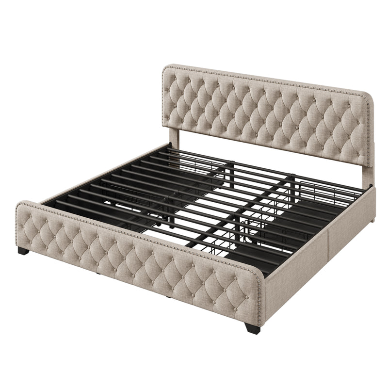 Upholstered Platform Bed Frame with Four Drawers, Button Tufted Headboard and Footboard Sturdy Metal Support, No Box Spring Required, Beige, King (Old sku:BS300277AAA)