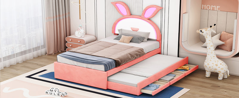 Twin Size Upholstered Platform Bed with Trundle and 3 Drawers, Rabbit-Shaped Headboard with Embedded LED Lights, Pink