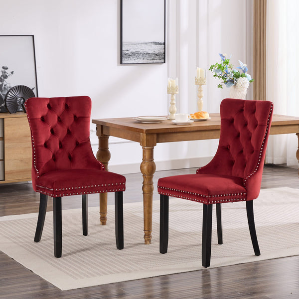 Classic Velvet Dining Chairs, High-End Tufted Solid Wood Contemporary Velvet Upholstered Dining Chair With Wood Legs Nailhead (Set of 2) - Burgundy