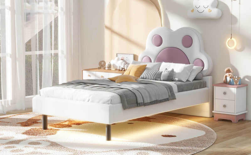 Twin Size Upholstered Platform Bed with Animal Paw Shaped Headboard and LED, Pink