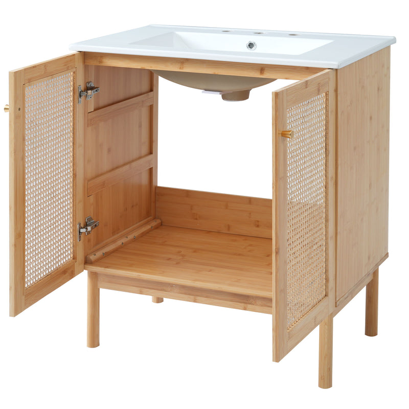 Bathroom Vanity Crafted From Natural Materials, Featuring Handmade Rattan Doors And Soft-Closing Mechanisms - Light Brown