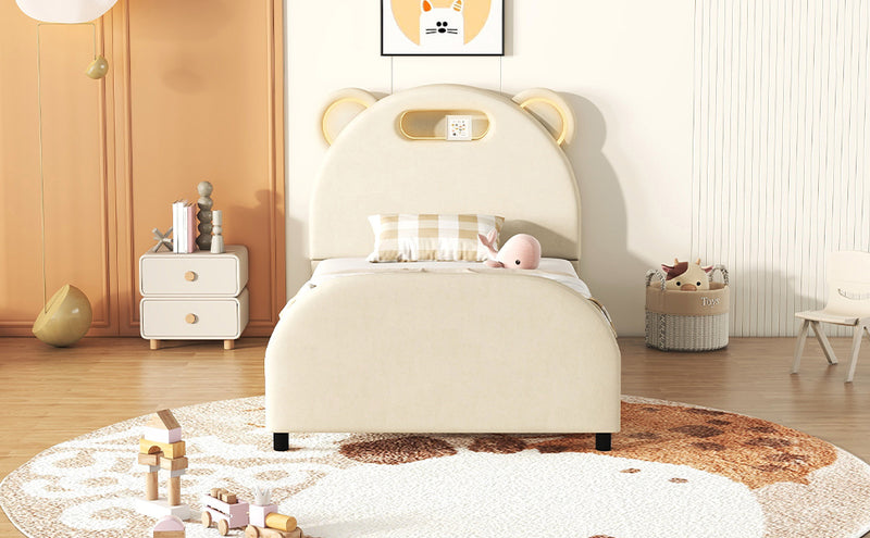 Twin Size Upholstered Platform Bed with Bear-Shaped Headboard and Embedded Light Stripe, Velvet, Beige