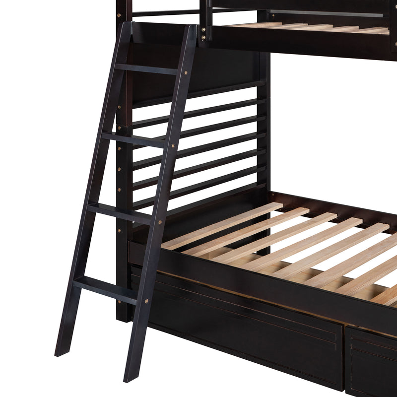 Twin over Twin Wood Bunk Bed with Two Drawers - Espresso