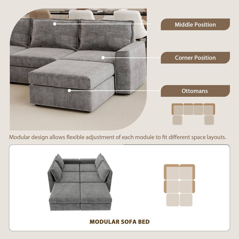 Chenille Modular Sectional Sofa, U Shaped Reversible Couch, Free Combination, 6 Seat Sleeper Sofa Bed With Ottoman, Convertible Oversized Indoor Furniture - Gray