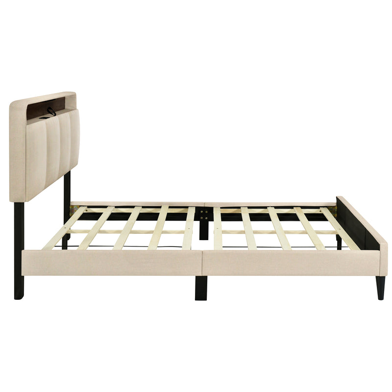 Queen size Upholstered Platform Bed with Storage Headboard, Sensor Light and a set of Sockets and USB Ports, Linen Fabric, Beige