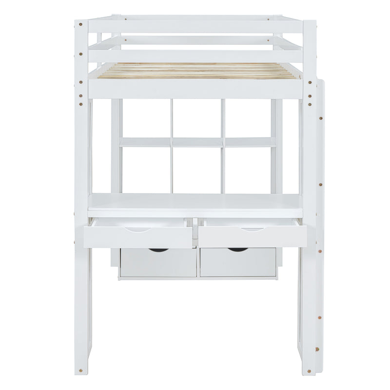 Twin Size Loft Bed with large shelves, writing desk and LED Light, White